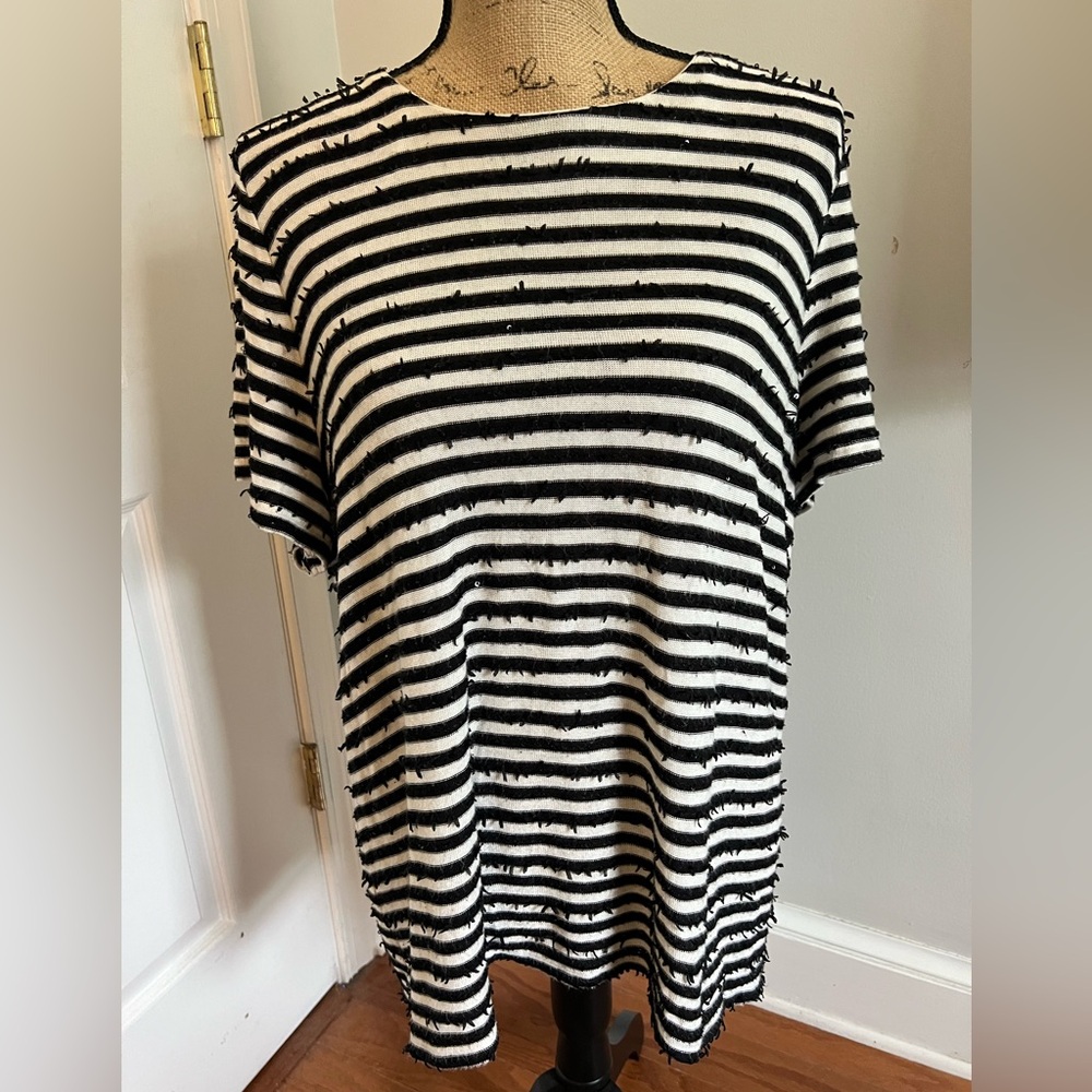 Talbots Black & Cream Striped Sequin Tassel Top - Size 2XP